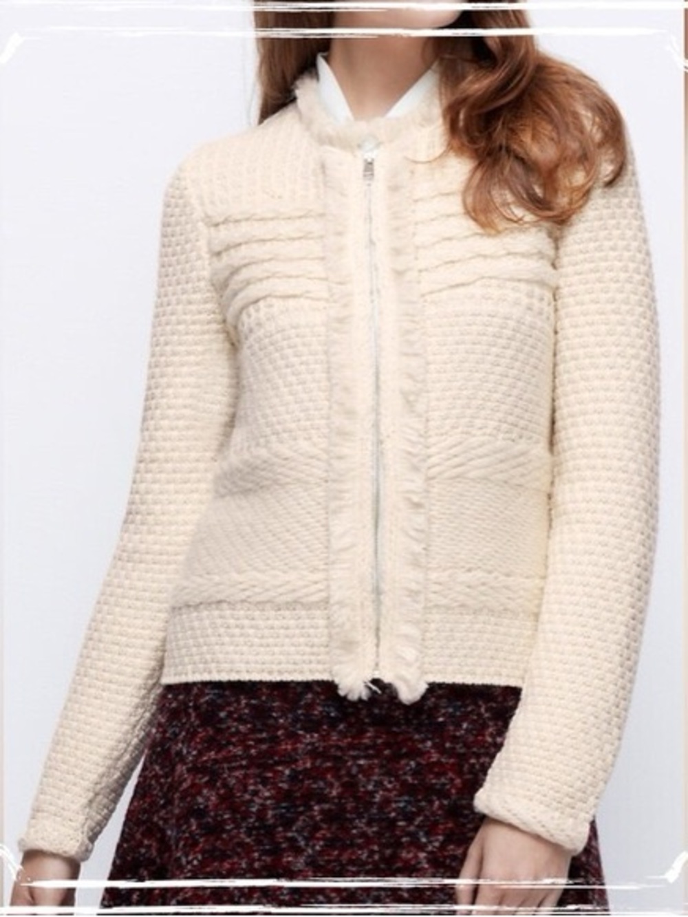 Ann Taylor Cream Textured Knit Zip Cardigan XS